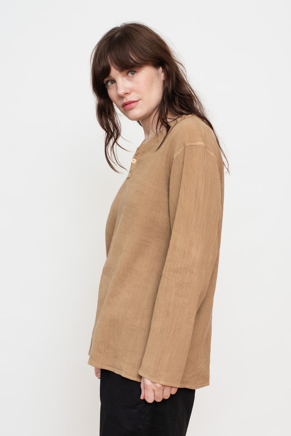 Tightly Twisted Cotton and Hemp Long Sleeve Henley Shirt, Walnut