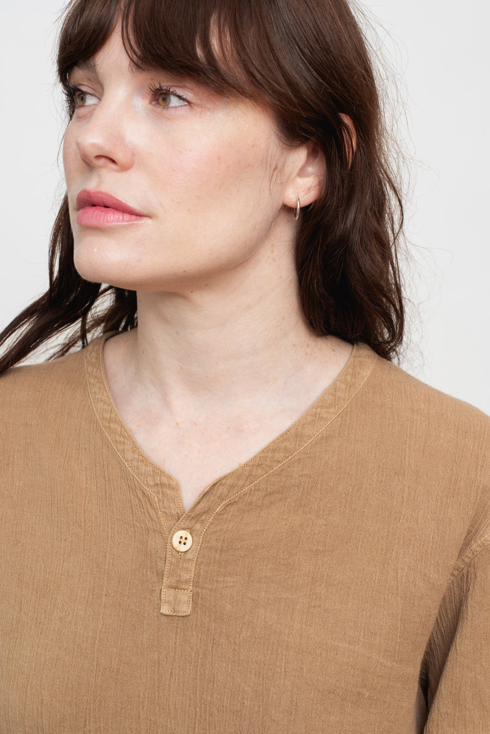 Tightly Twisted Cotton and Hemp Long Sleeve Henley Shirt, Walnut