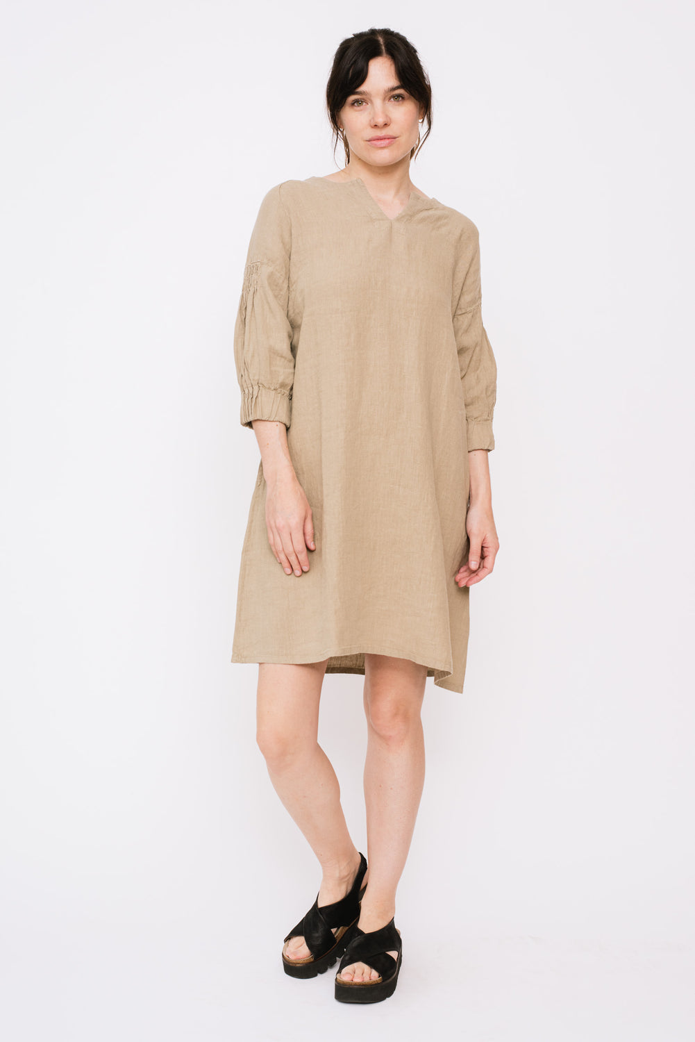 Linen Tunic Dress with Elastic Cuff, Mole