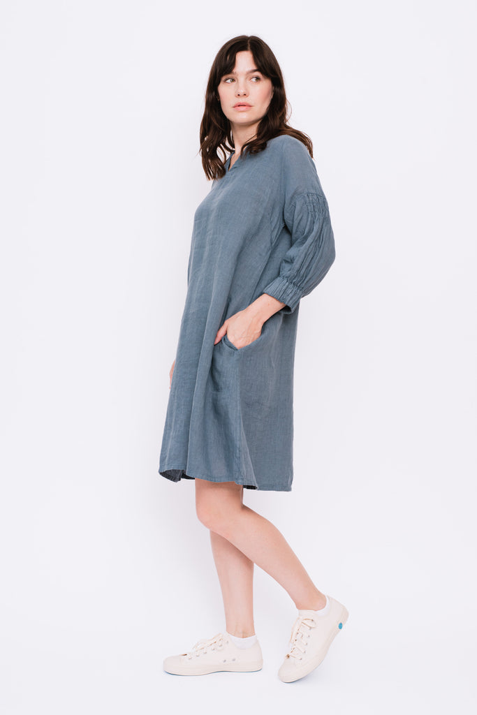 Linen Tunic Dress with Elastic Cuff Sea
