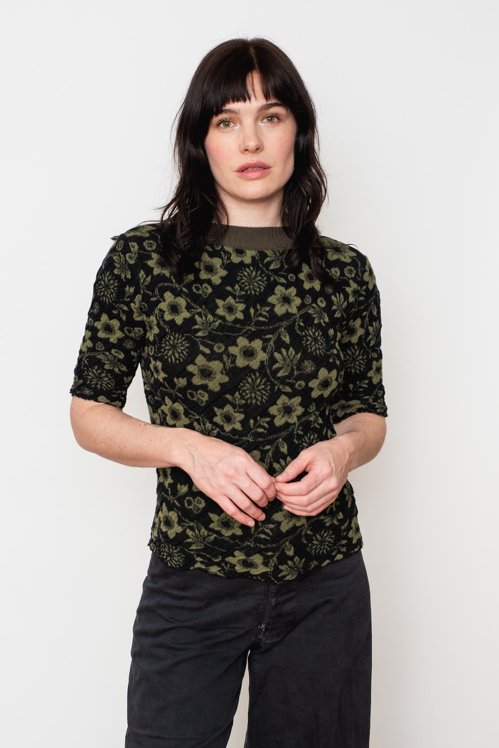Cotton Knit Floral Sweater, Black
