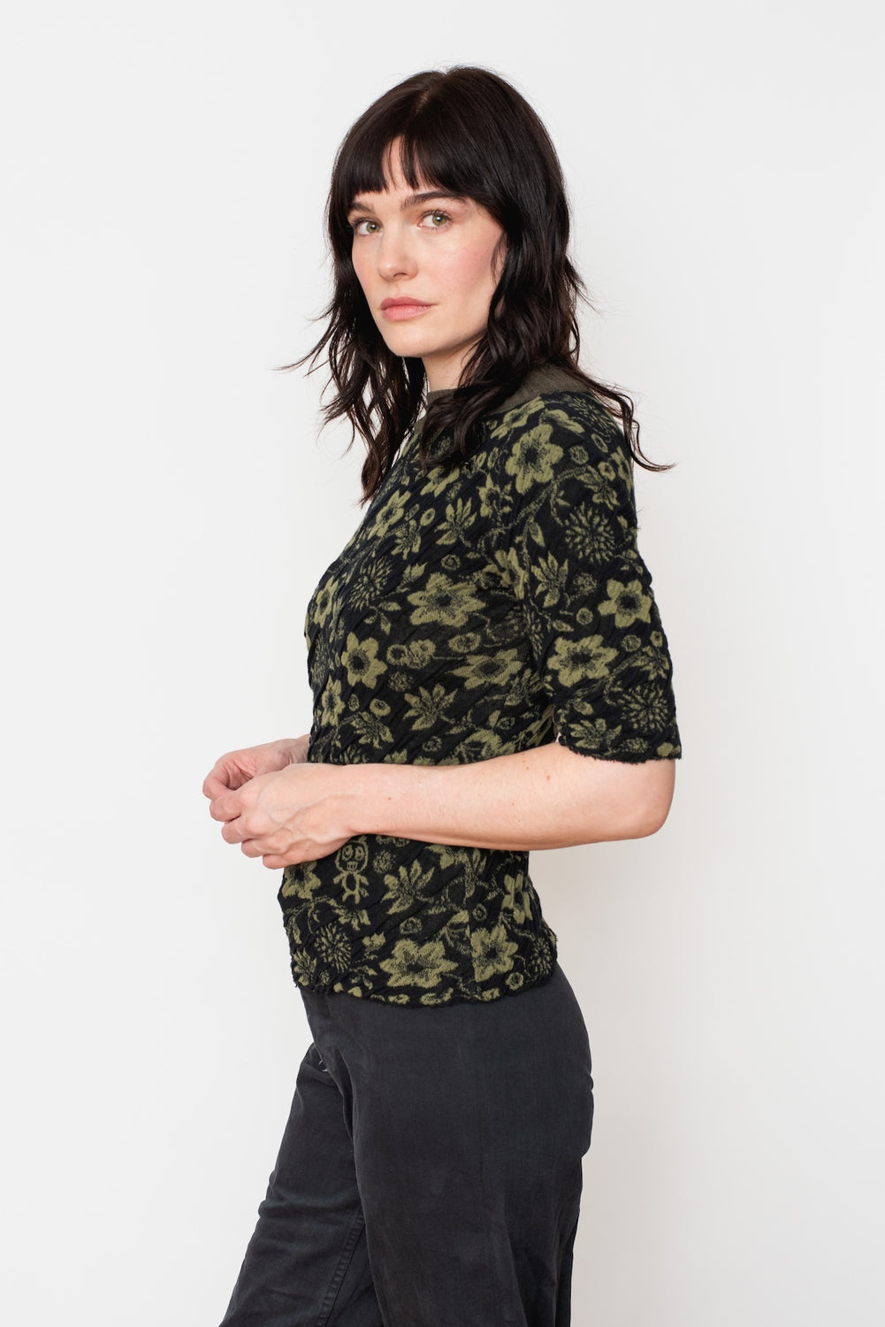 Cotton Knit Floral Sweater, Black