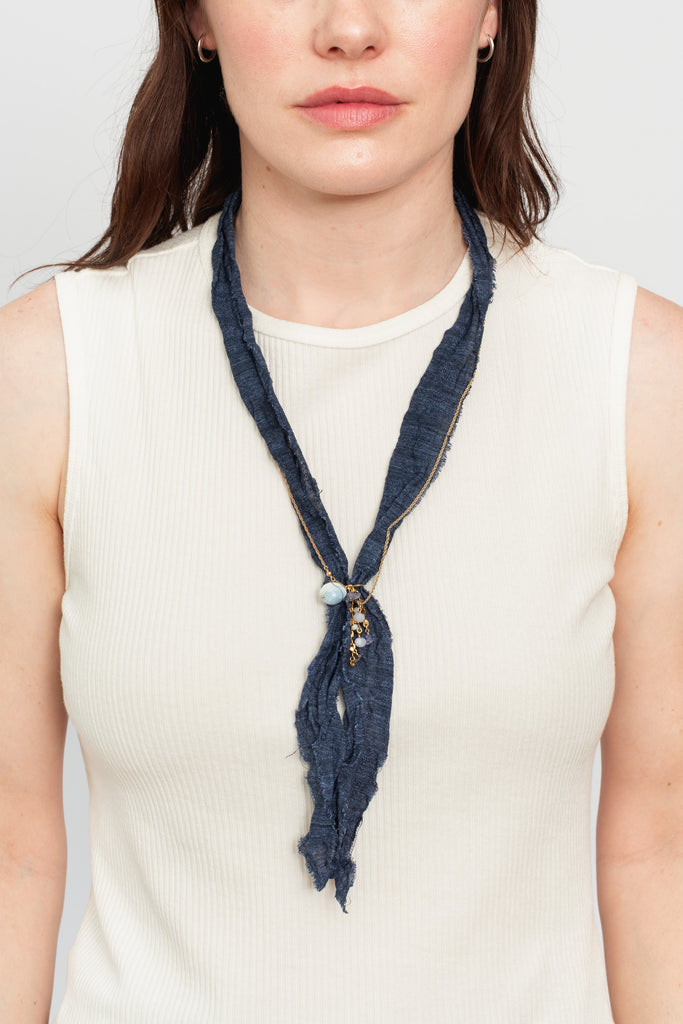 Pearl and Stone Ribbon Necklace Blue
