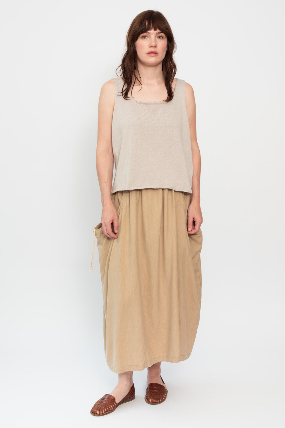 Tencel Cotton Linen Twill Drawstring Gathered Skirt