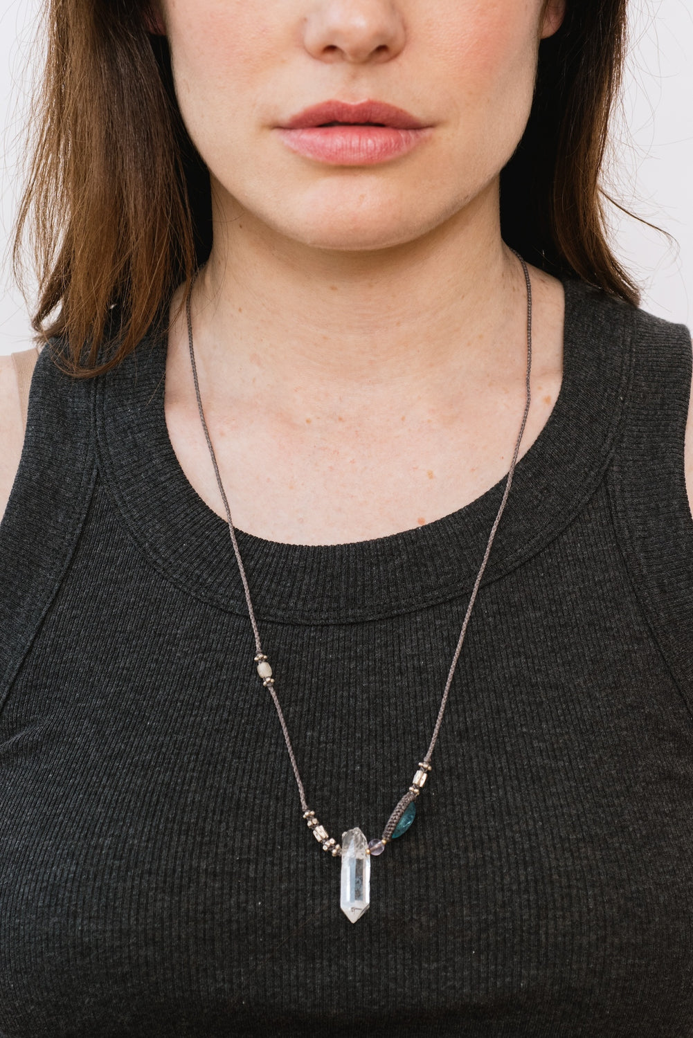 Macrame Necklace with Fluorite and Quartz