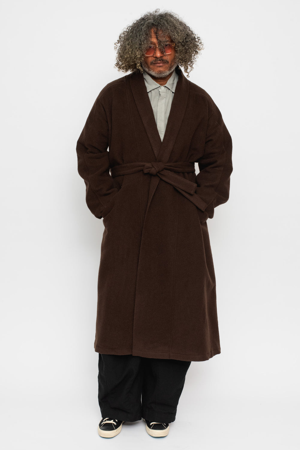 Wool Silk Camel Long Coat with Belt Brown