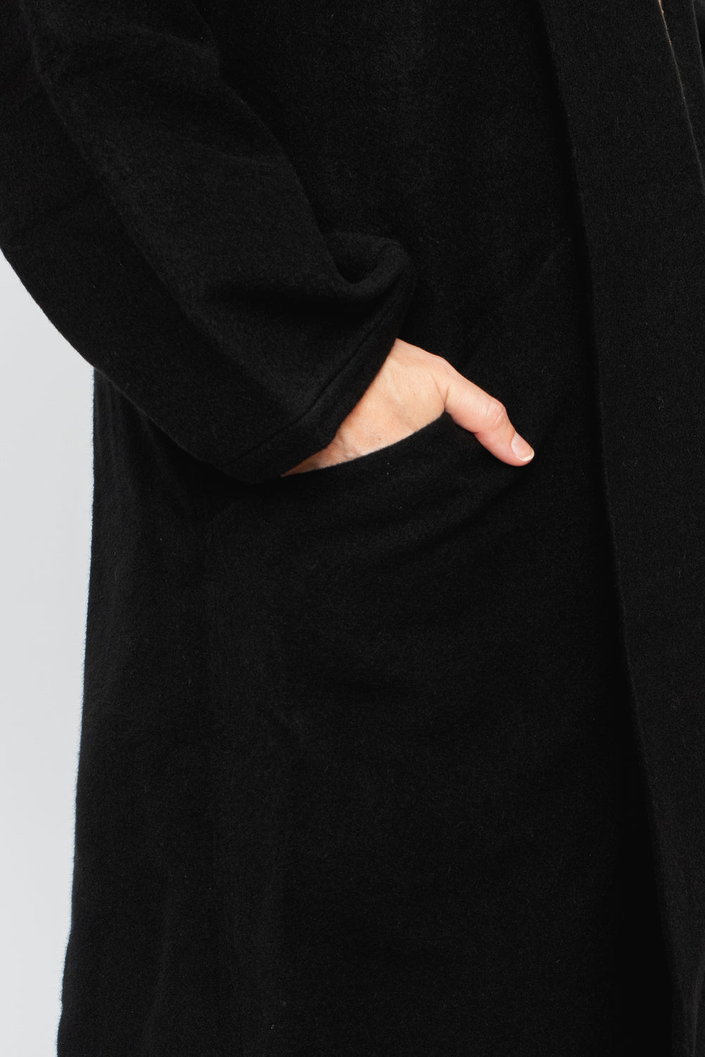 Wool Silk Camel Long Coat with Belt Black