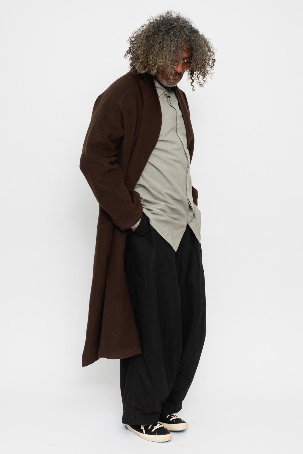 Wool Silk Camel Long Coat with Belt Brown