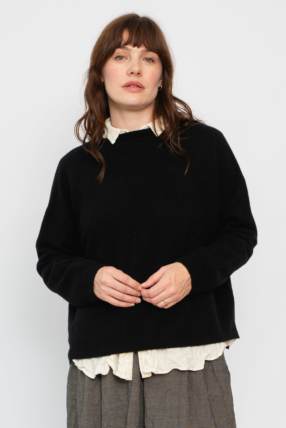 Wool Patterned Panel Switch Square Shape Sweater Black