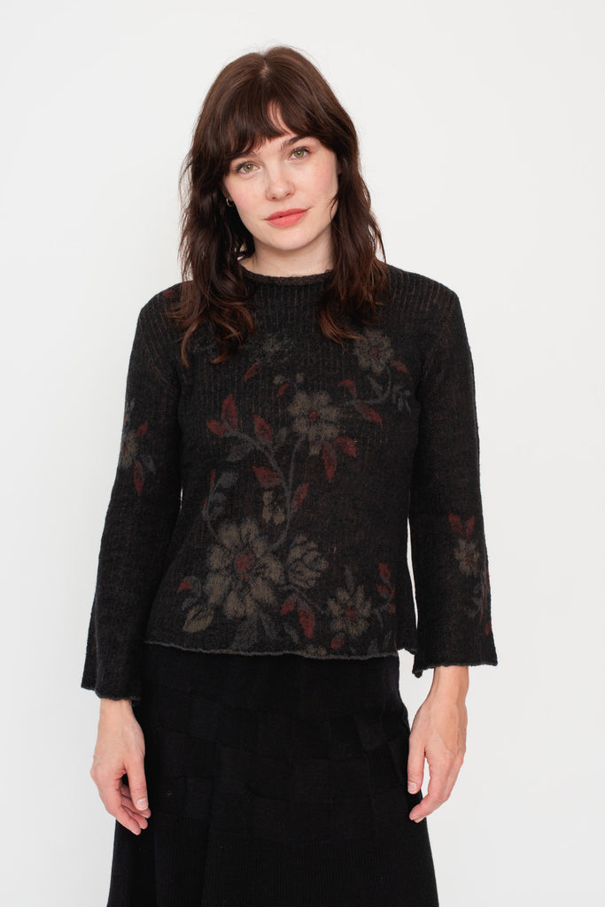 Knit Wool Sweater Floral Black