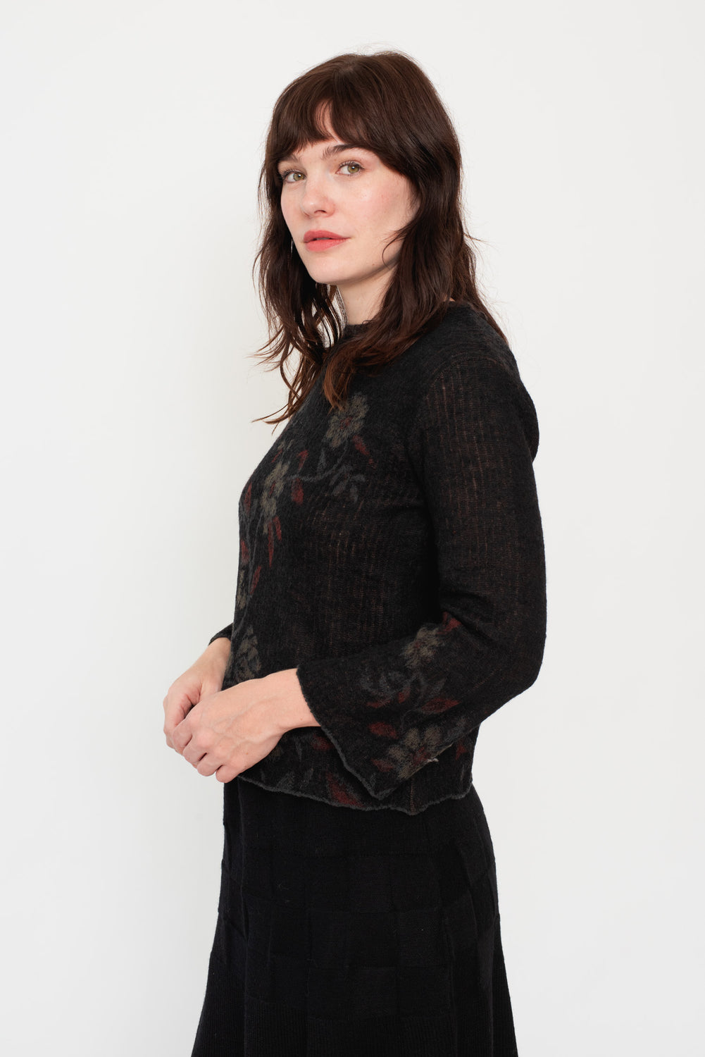 Knit Wool Sweater Floral Black