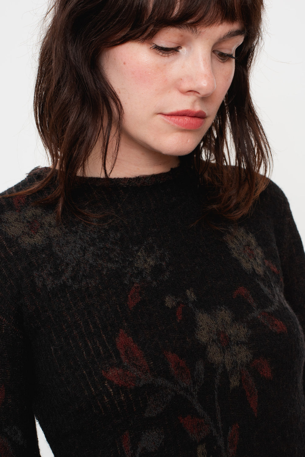 Knit Wool Sweater Floral Black