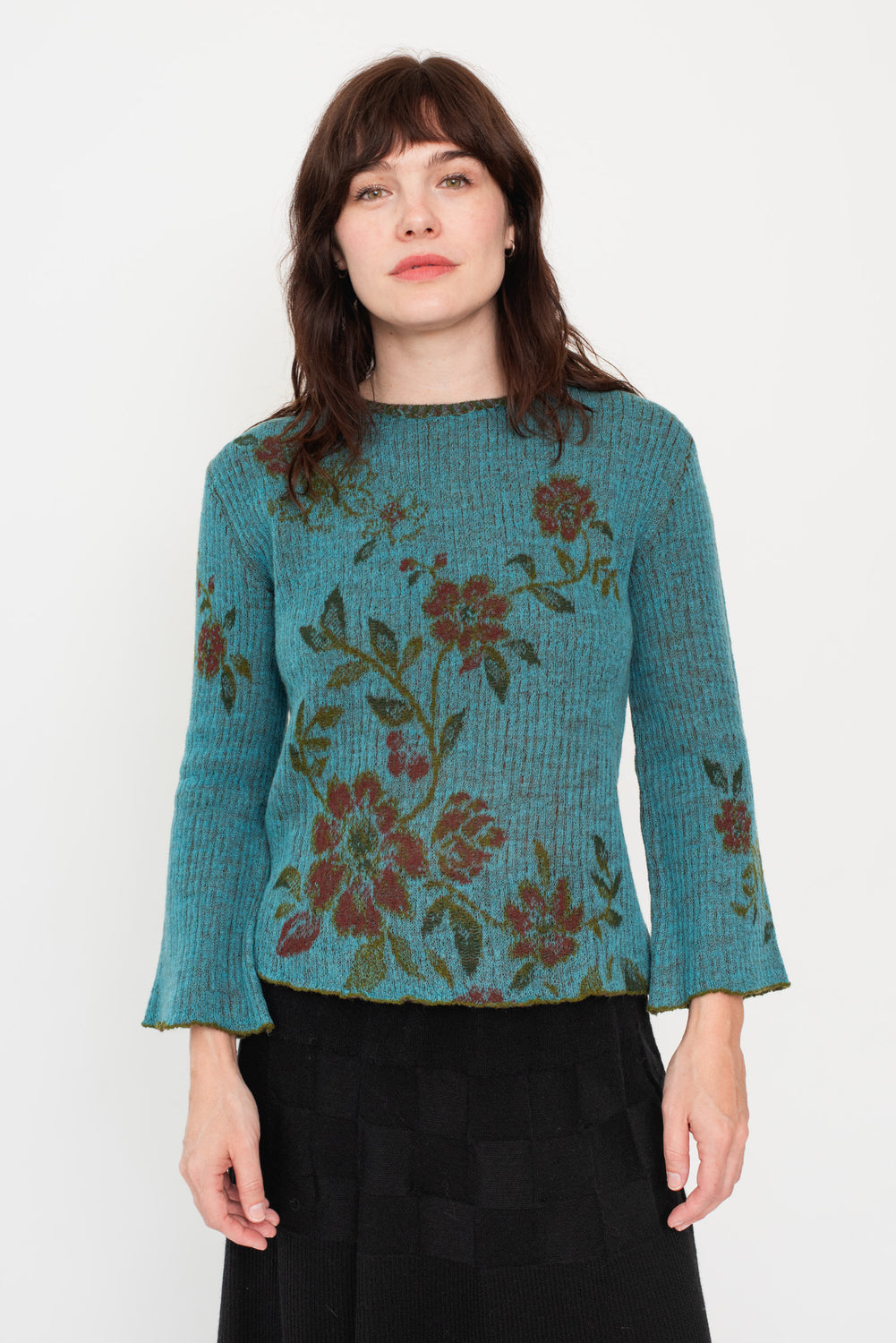Knit Wool Sweater Floral Blue