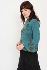 Knit Wool Sweater Floral Blue