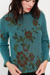 Knit Wool Sweater Floral Blue