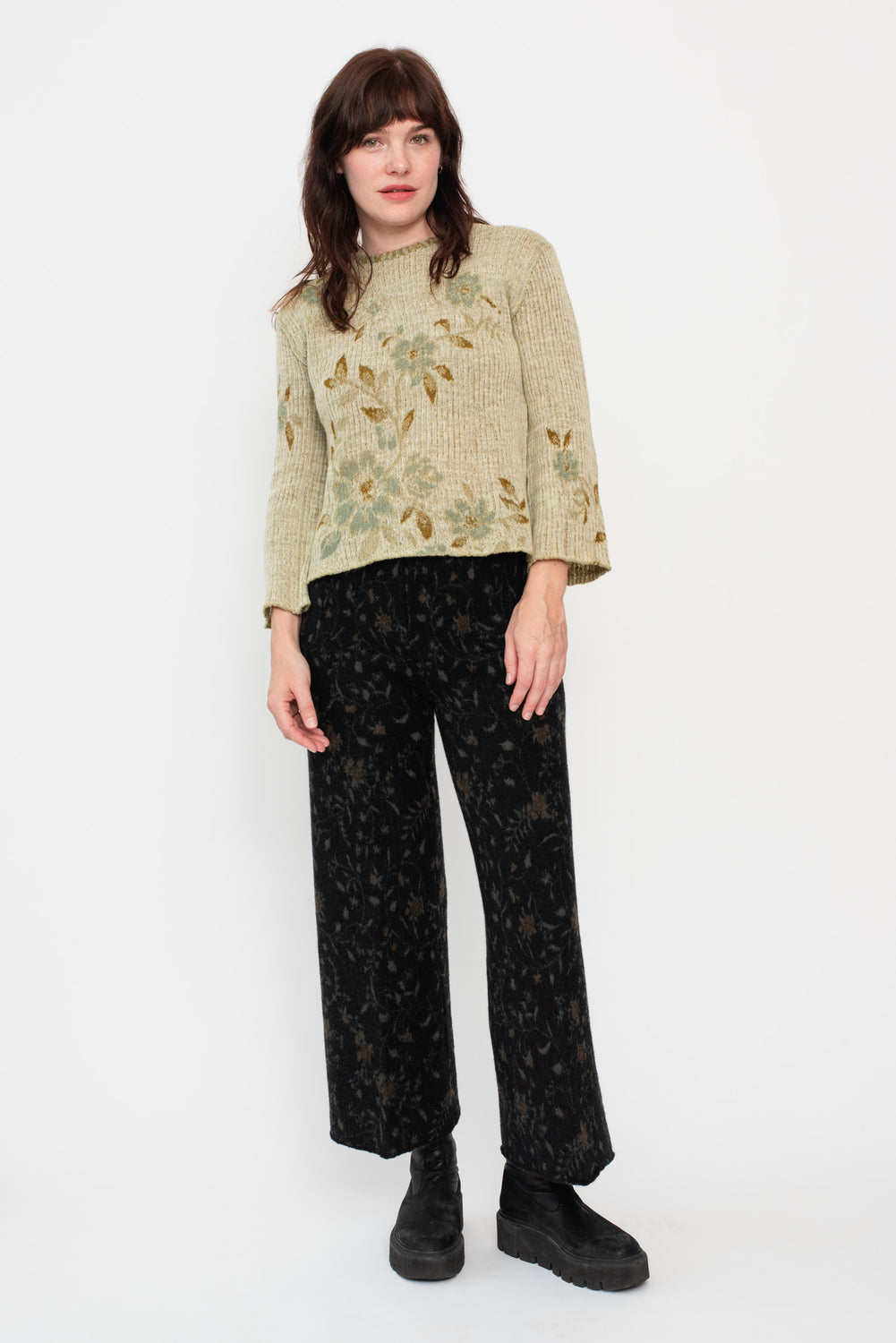 Knit Wool Sweater Floral Beige