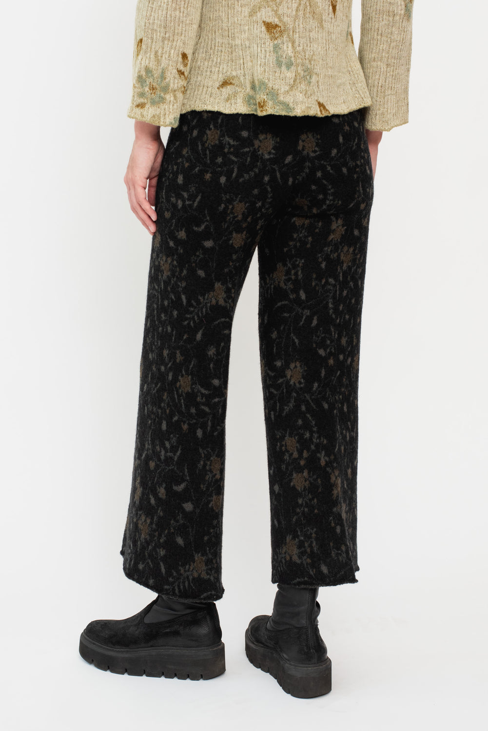 Compressed Wool Pants, Black with Floral Pattern