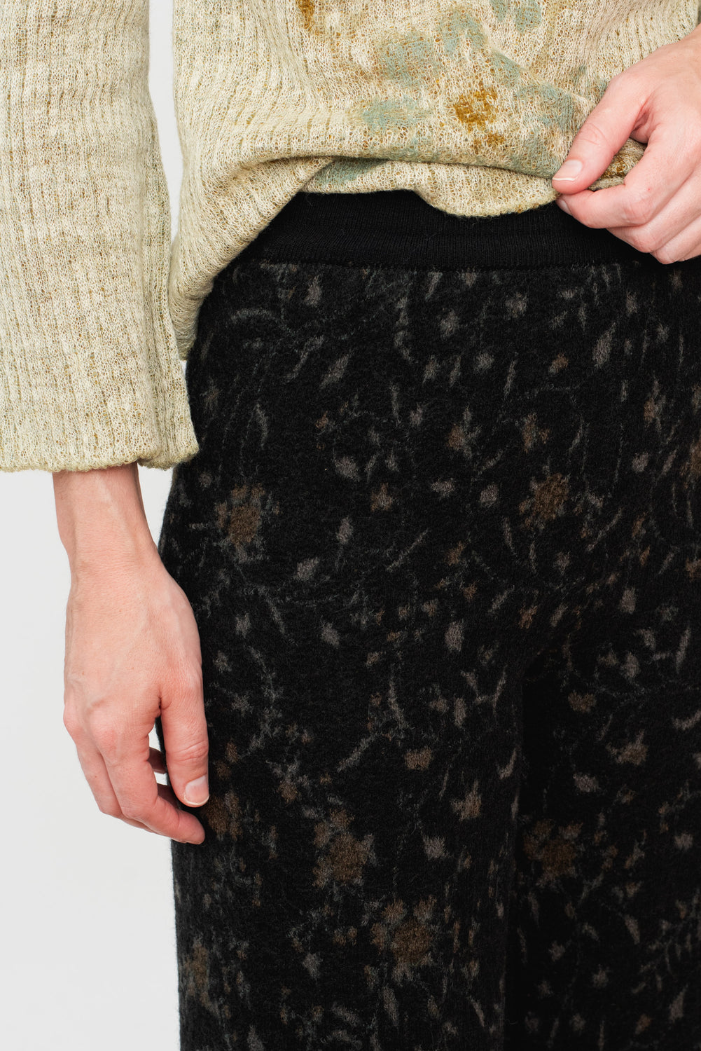 Compressed Wool Pants, Black with Floral Pattern