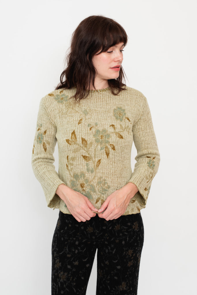 Knit Wool Sweater Floral Beige