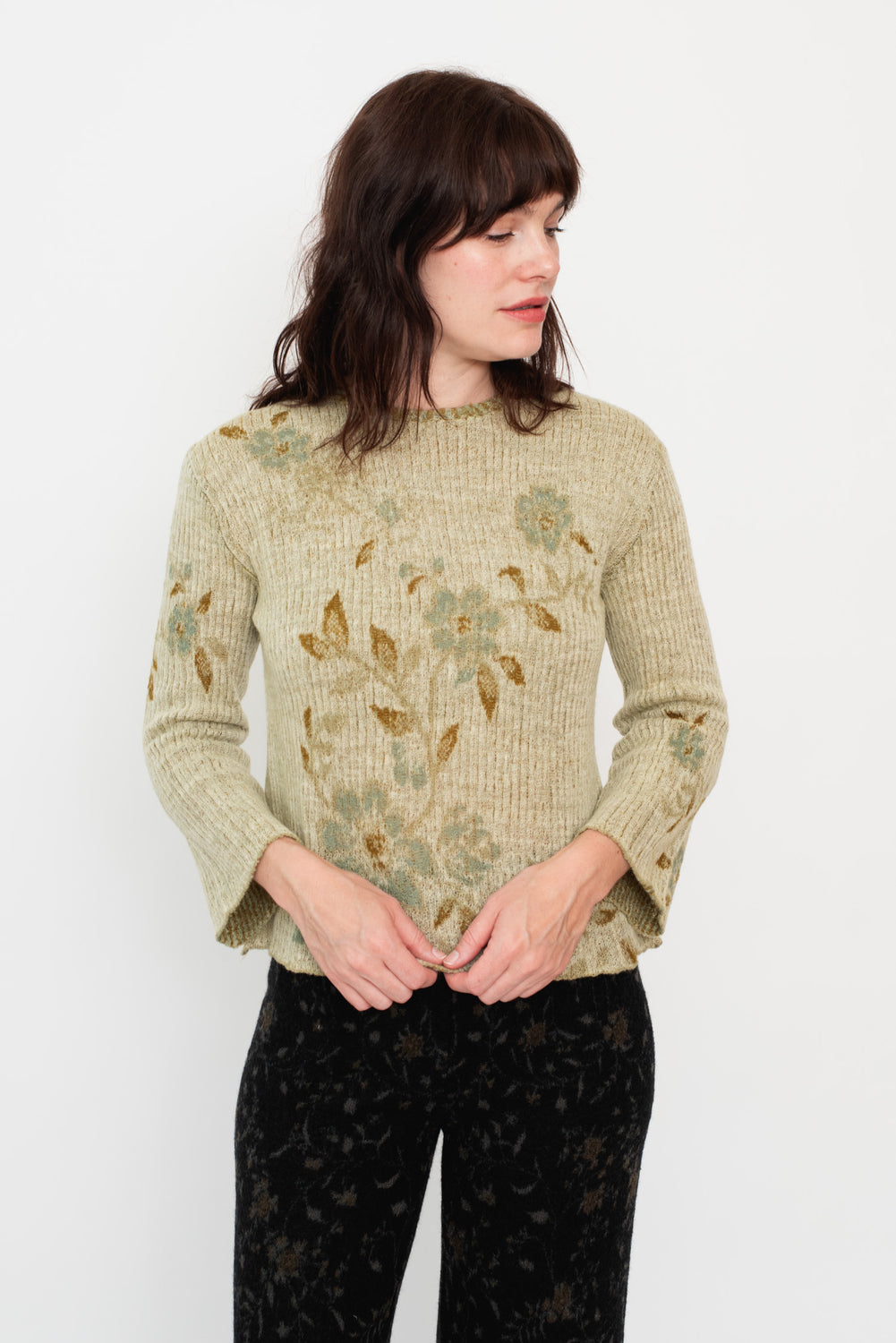 Knit Wool Sweater Floral Beige