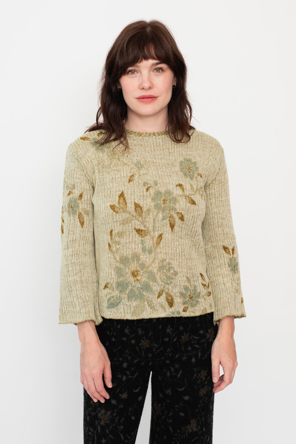 Knit Wool Sweater Floral Beige