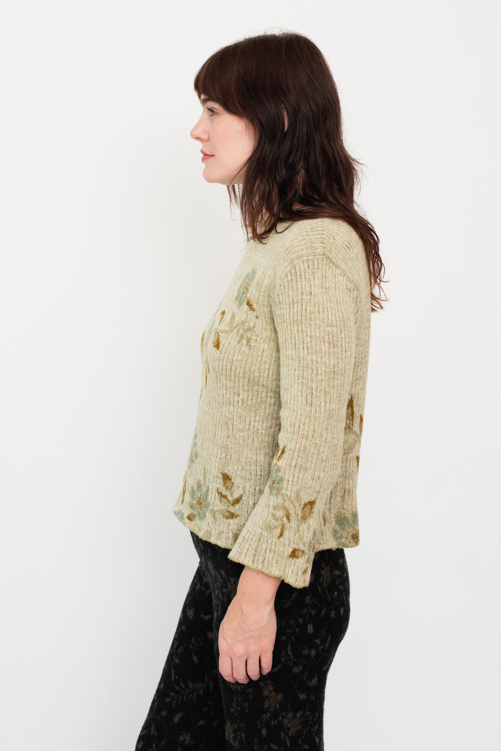 Knit Wool Sweater Floral Beige