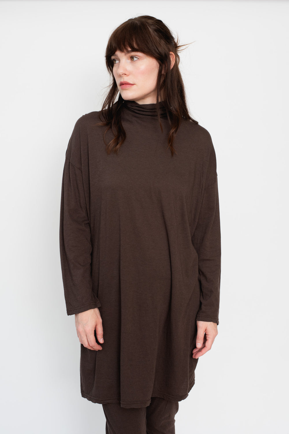 Cotton and Silk Turtleneck Tunic Dark Brown