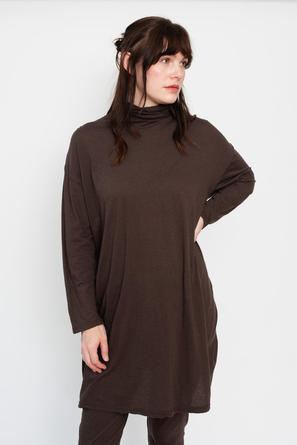 Cotton and Silk Turtleneck Tunic Dark Brown