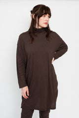 Cotton and Silk Turtleneck Tunic Dark Brown