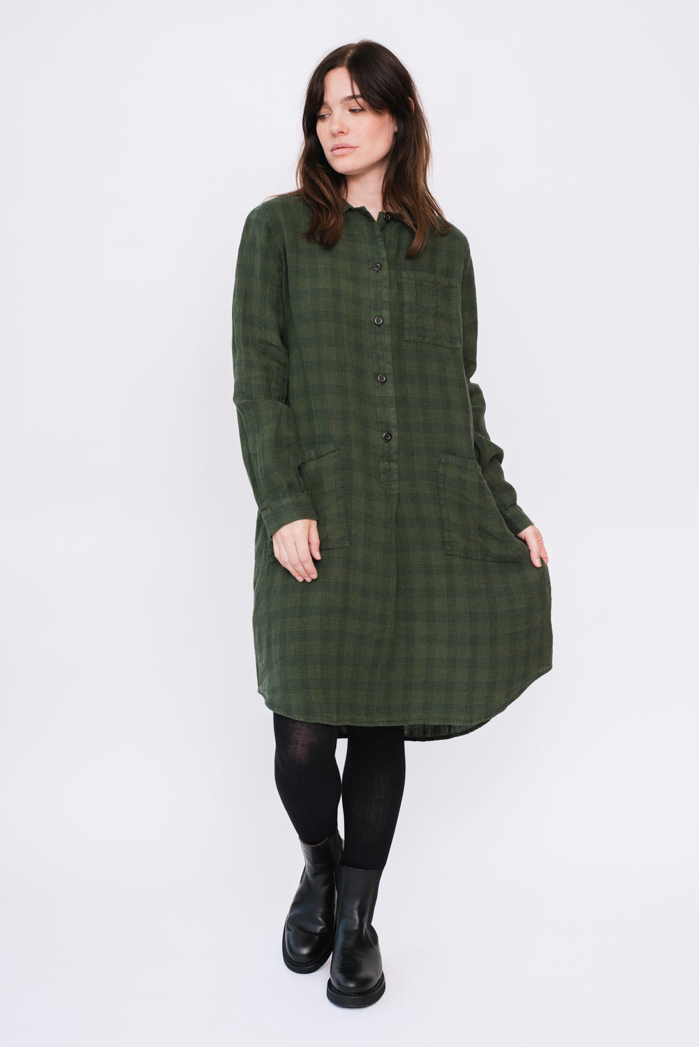 Green Check Linen Shirt Dress