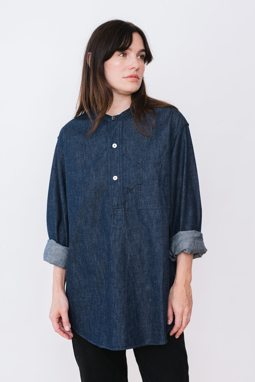 Band Collar Shirt, Light Denim