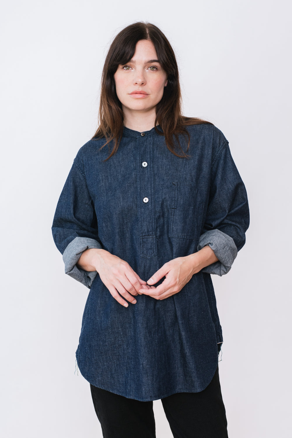 Band Collar Shirt, Light Denim