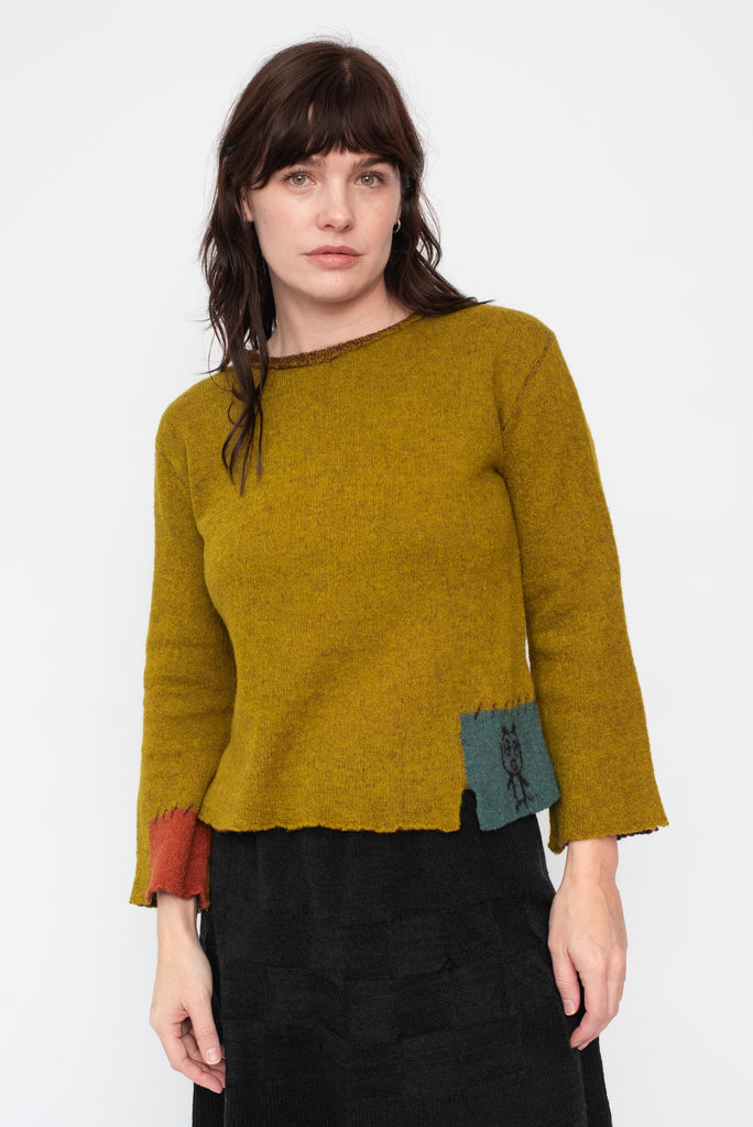 Wool Patchwork Sweater, Mustard Yellow