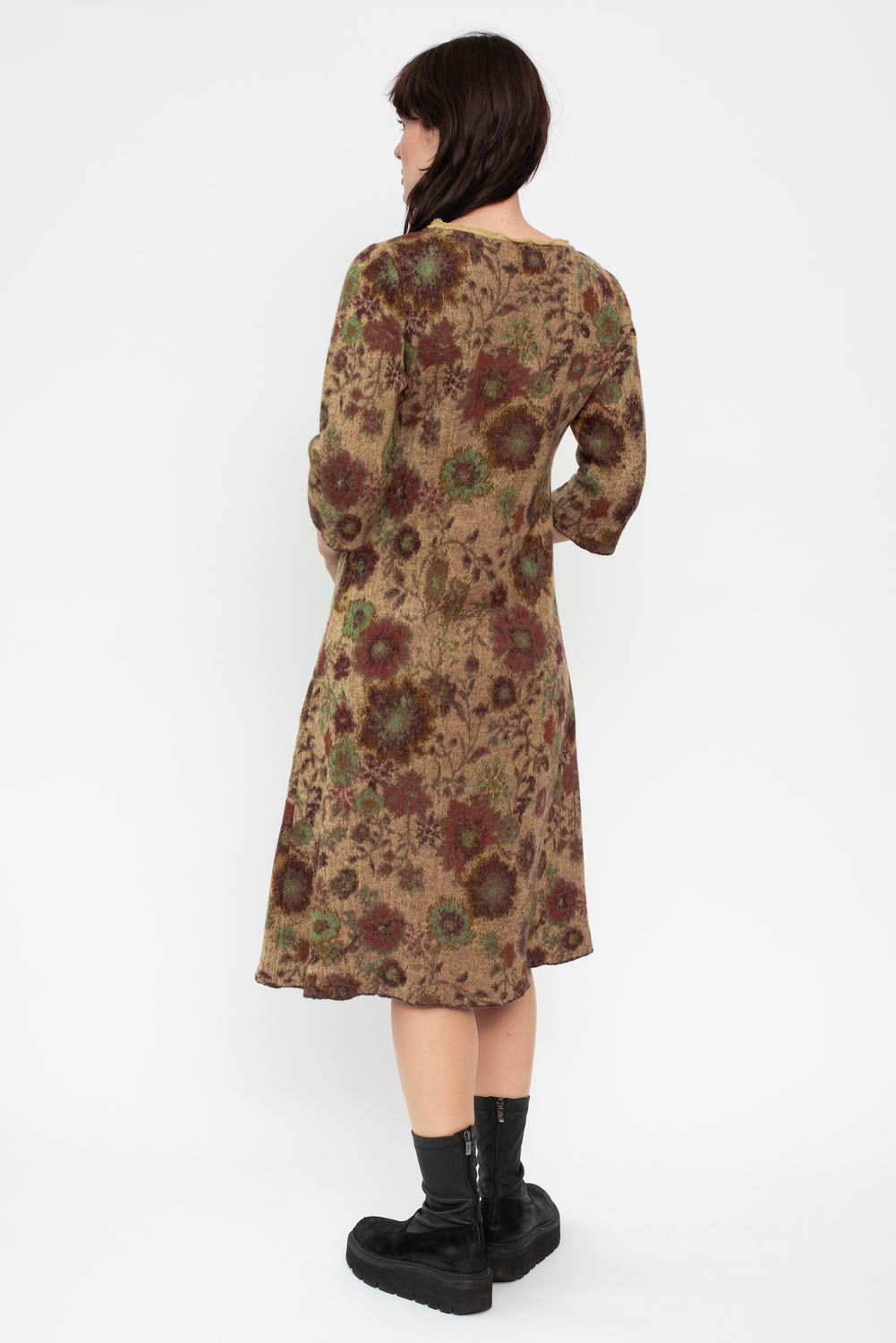 Merino Wool Floral Print Dress Beige
