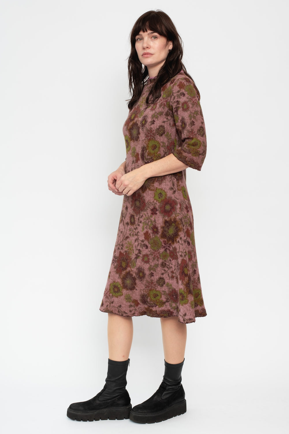 Merino Wool Floral Print Dress Pink