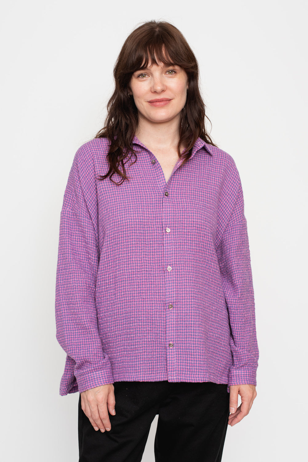 Wool Blend Gingham Shirt Pink x Blue