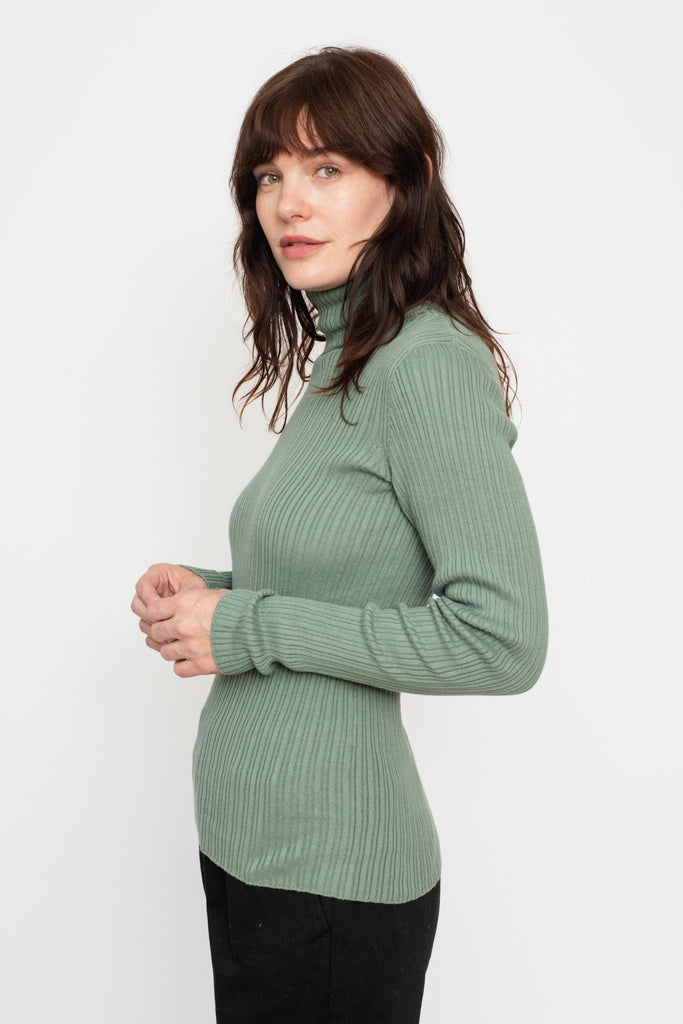 Whole Garment Rib Knit Cotton Turtleneck Green