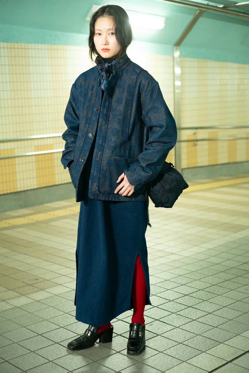 Woven Discharge Printed Denim Tsujigahana Stand Up Collar Jacket