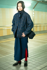 Woven Discharge Printed Denim Tsujigahana Stand Up Collar Jacket