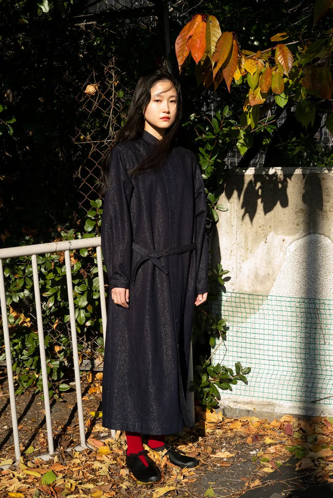 Gold Yarn Indigo Band Collar Shirt Dress