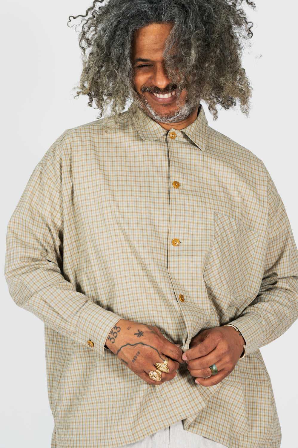 Dobby Check Oversized Shirt Beige, Unisex