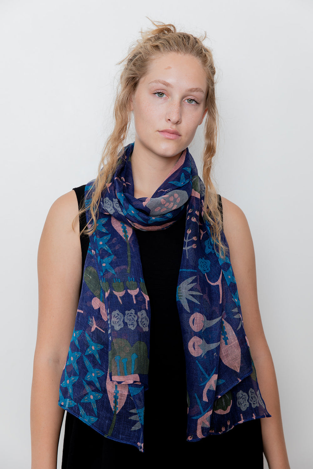 Navy and Pink Pressed Flowers Linen Scarf