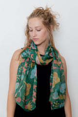 Pressed Flowers Linen Scarf Green