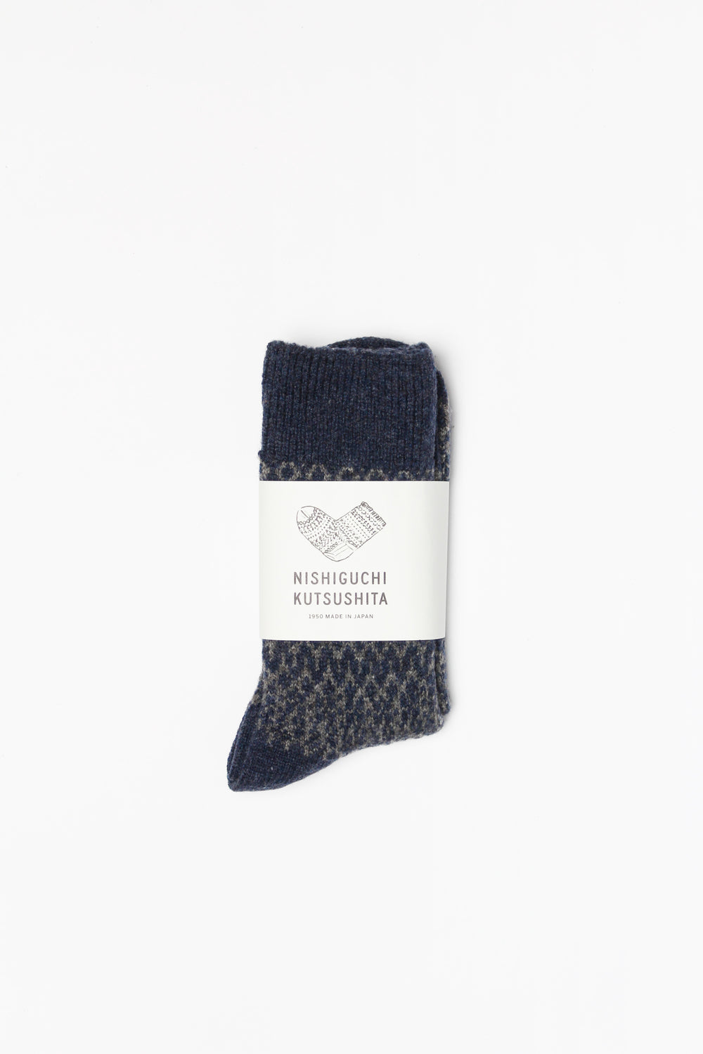 Wool Jacquard Socks, Navy with Grey (Size M + L Only)
