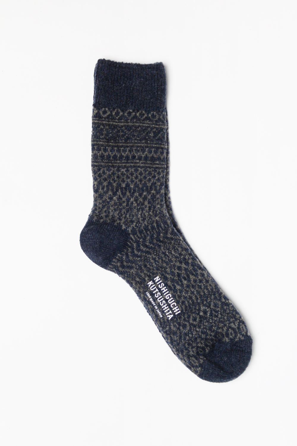 Wool Jacquard Socks, Navy with Grey (Size M + L Only)
