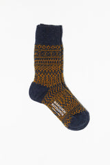 Wool Jacquard Socks, Navy with Mustard (Size Small Only)