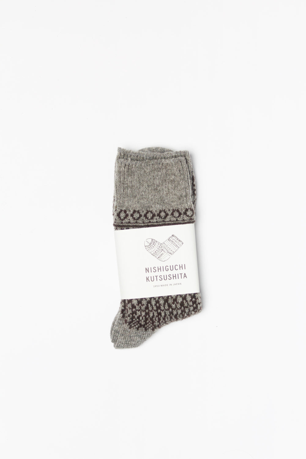 Wool Jacquard Socks, Grey with Brown ( Size M + L Only )
