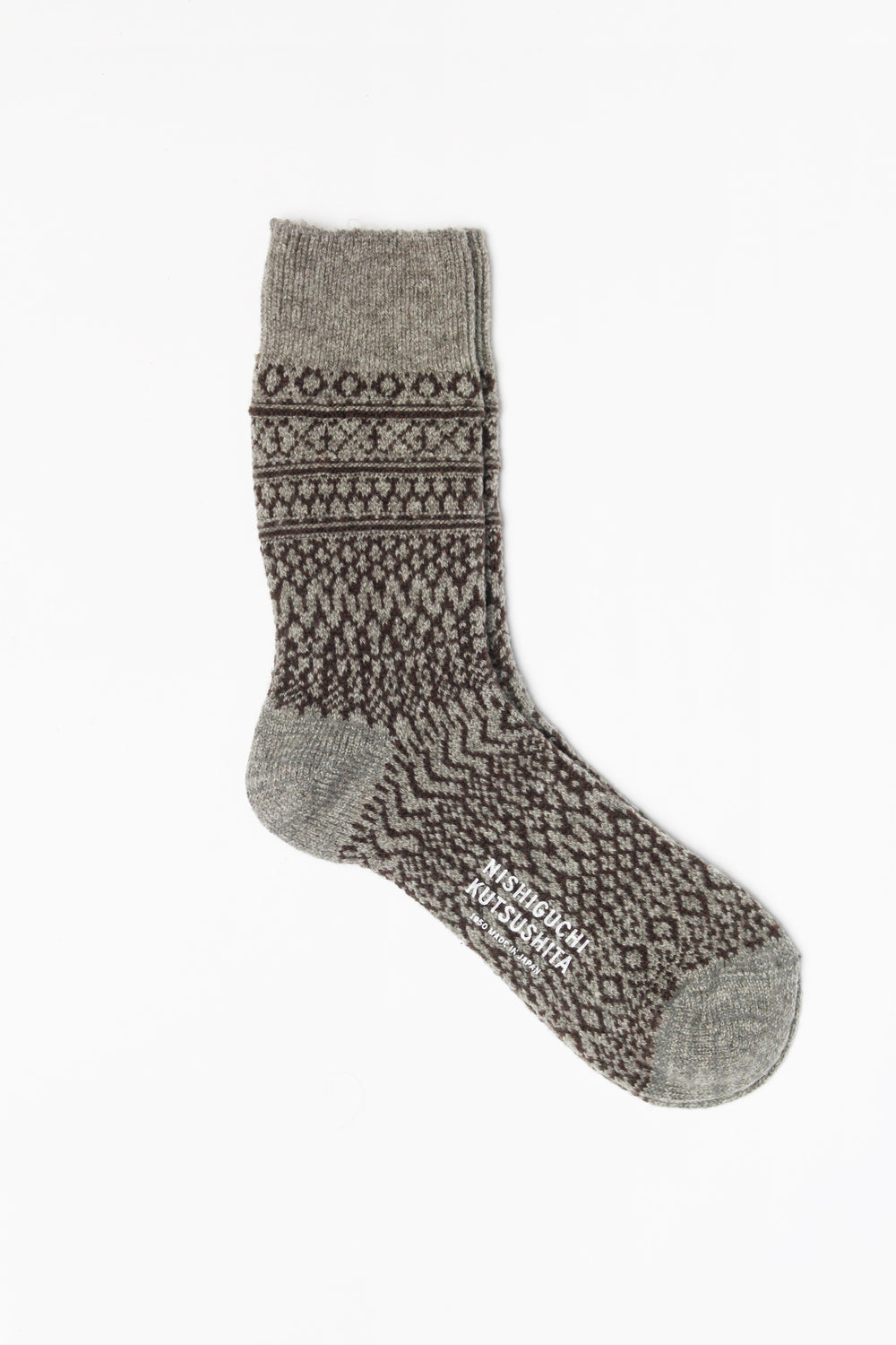 Wool Jacquard Socks, Grey with Brown ( Size M + L Only )