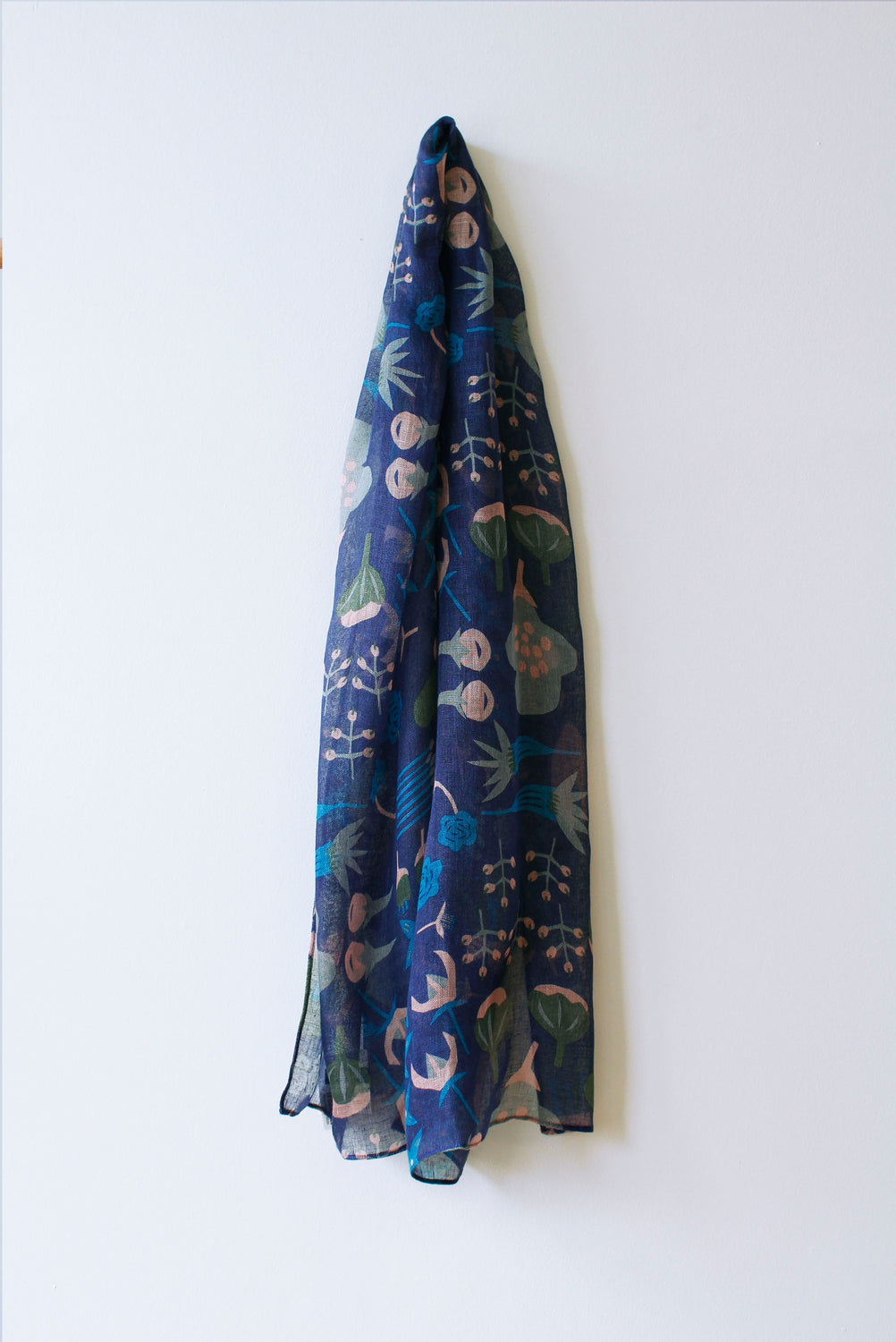 Navy and Pink Pressed Flowers Linen Scarf