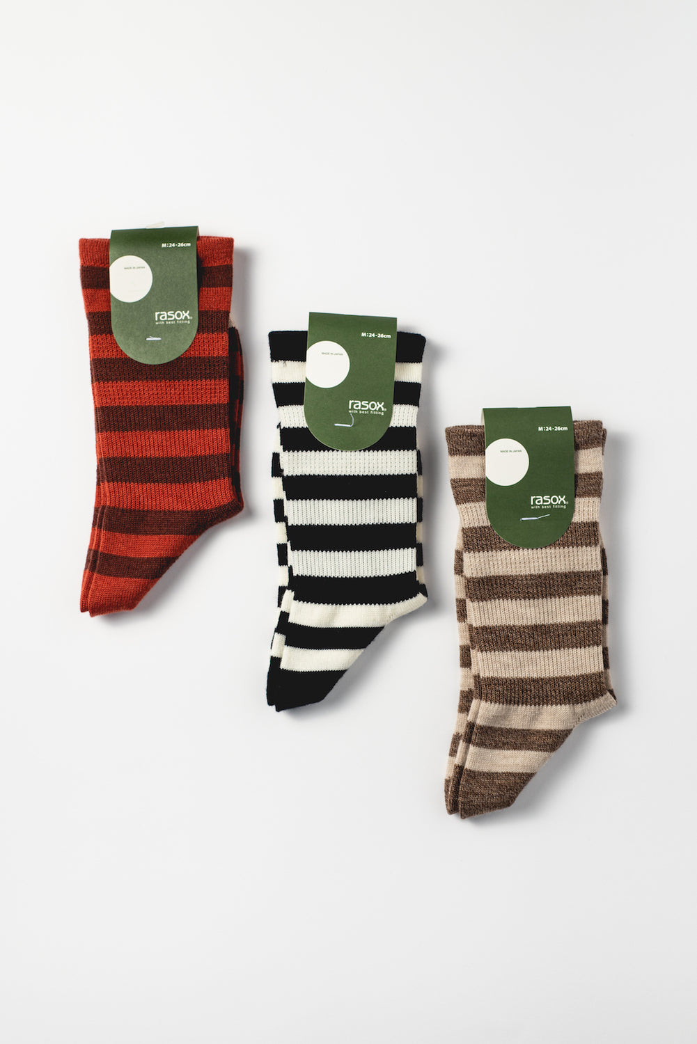 Striped Merino Wool Crew Socks, Red and Brown